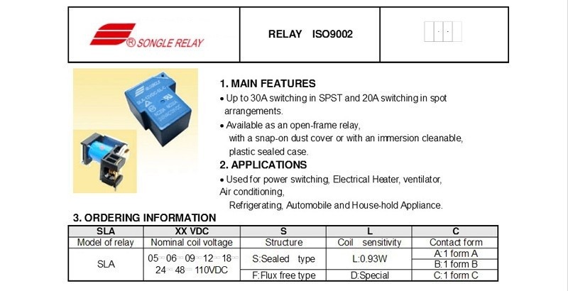 5VDC 12VDC 24VDC 30A SLA-05VDC-SL-C SLA-12VDC-SL-C SLA-24VDC-SL-C 250V SPDT Relay